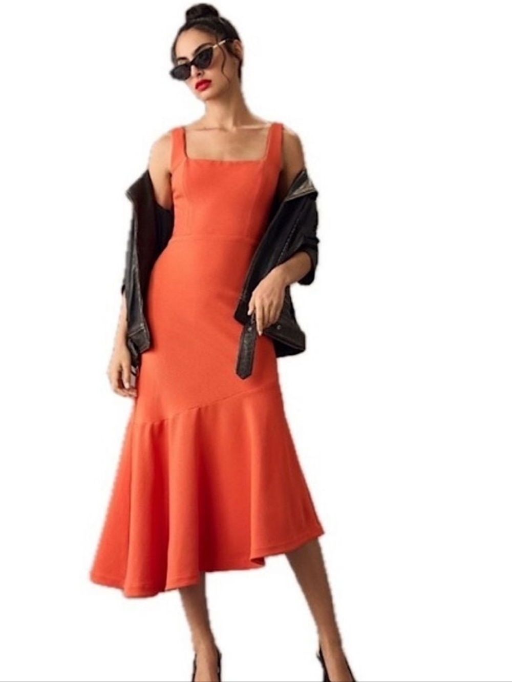 Anthropologie red orange gown maxi dress peplum flare party Event Unique M NWT